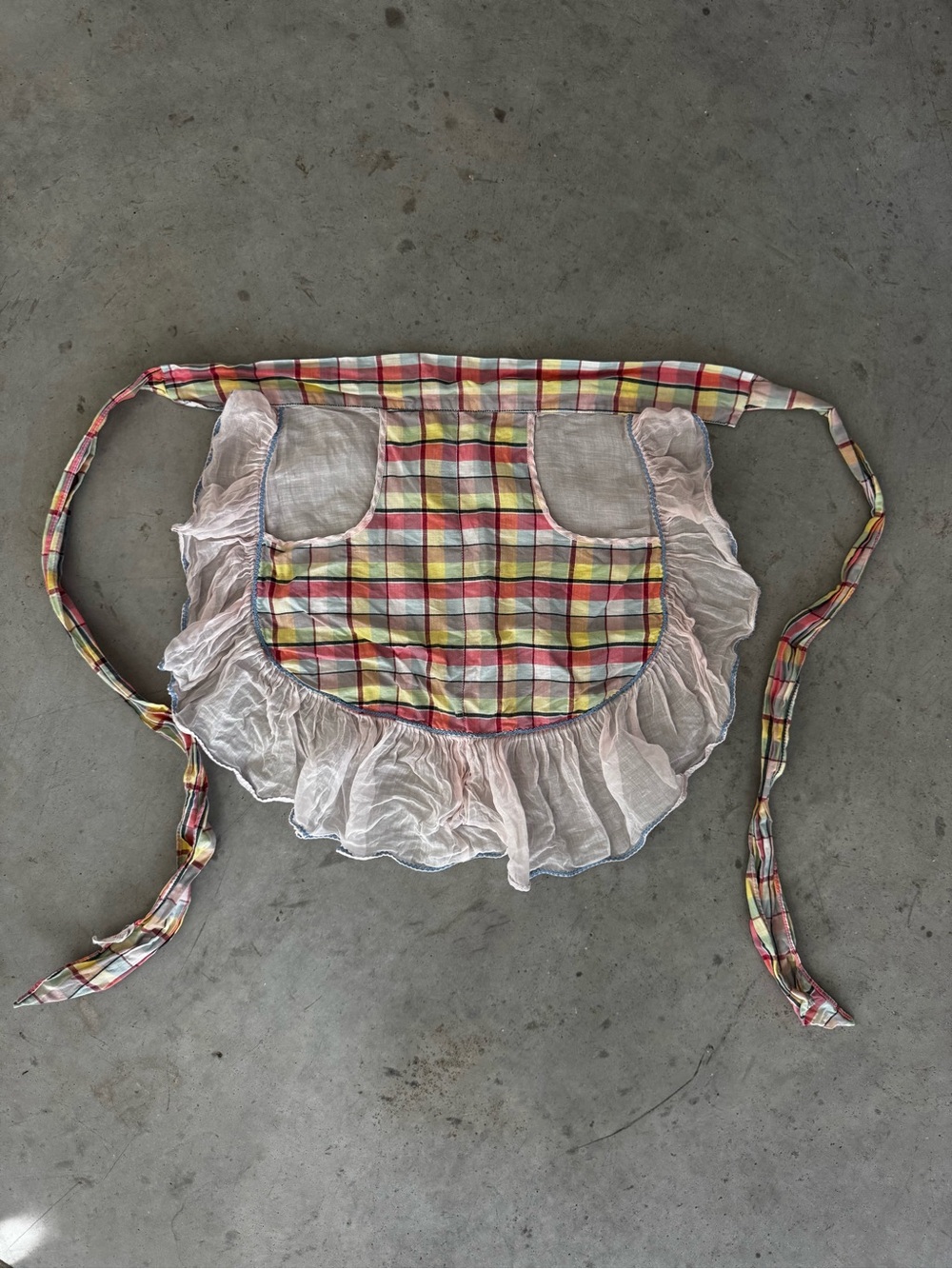 Vintage Nona Lou plaid pastel with ruffle and trim detail apron
